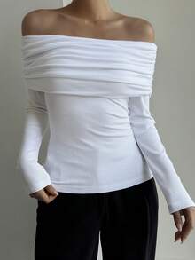 Livesso Camiseta de manga larga con cuello vuelto y hombros descubiertos para mujer, de ajuste ceñido, estilo casual de calle, adecuada para primavera, verano, otoño e invierno, para fiestas de moda - Blanco - Ver 5