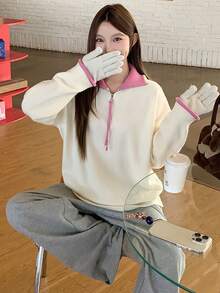 DAZY 女士撞色韩版休闲长袖毛衣，秋冬款 - 杏色 - 查看 1