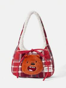We Bare Bears X SHEIN 1个红色格子印花时尚便携式毛绒拼接大容量手提包 - 紅色 - 查看 7