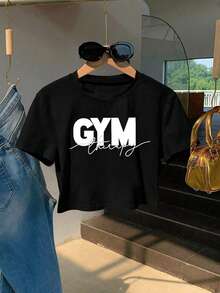 Plus Size Summer Casual Letter Print Cropped T-Shirt - Black - View 1