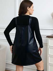 SHEIN LUNE 大码女式纯色口袋PU皮革休闲吊带连衣裙，秋季款 - 黑色 - 查看 3