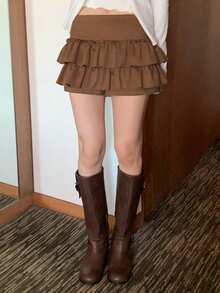 DAZY 高腰百褶蛋糕裙，防闪光蓬蓬裙，女士秋冬款 - 駝色 - 查看 3