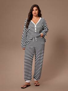 Lazeform 大码女式提花条纹休闲半扣长袖上衣和裤子睡衣套装，冬季服装 - 黑色 - 查看 5