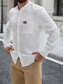 Manfinity Homme 男士字母刺绣长袖单排扣休闲口袋衬衫 白色纹理衬衫 男士白色沙滩衬衫 男士白色长袖衬衫 白色口袋衬衫 复古风格，日常休闲，周末旅行，户外活动，探险旅行，轻松的工作环境或半正式场合，男友/丈夫礼物，周年纪念礼物 圣诞节 男士纹理衬衫 白色亚麻衬衫 男士 白色口袋衬衫 男士白色纽扣衬衫 - 白色 - 查看 6