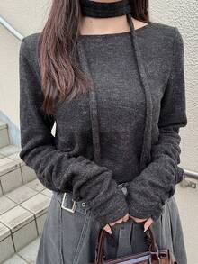 FRIFUL 女士扎染特殊面料褶皱袖口装饰宽松休闲长袖T恤 - 黑色 - 查看 9