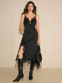 Poéselle 女士优雅撞色蕾丝高开衩吊带长裙，性感迷人，夏季 - 黑色 - 查看 2