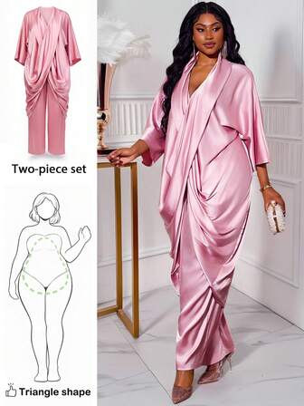 Truni Plus Size Women's Satin Loose 2 Pieces Set, Plus Size Batwing Blouse And Straight Leg Pants Suit, For Pear Triangle Body Shape