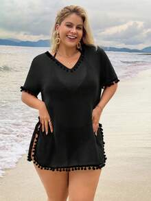 Swim Lushoire Plus Size Women Solid Color Pom Pom V-Neck Short Sleeve Coverup Summer 2026 Christmas New Year Party Beach Casual - Black - View 3