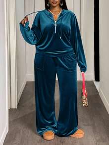 Slaydiva Bộ đồ thể thao thường ngày và mặc nhà màu nâu trơn, dáng rộng, vai rớt, gồm áo hoodie và quần dài ống rộng có túi, chất liệu nhung, dành cho nữ cỡ lớn, gồm 2 món. - Màu xanh lam - Xem 3