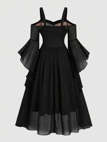 Sweetra 大码女式提花印花拼接抹胸系带喇叭袖连衣裙 - 黑色 - 查看 2