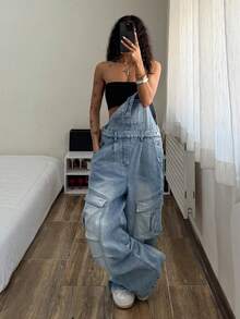 StreetHx Women's Cargo Pocket Wide Leg Loose Casual Denim Bib Overall Jumpsuit - Blue - View 4