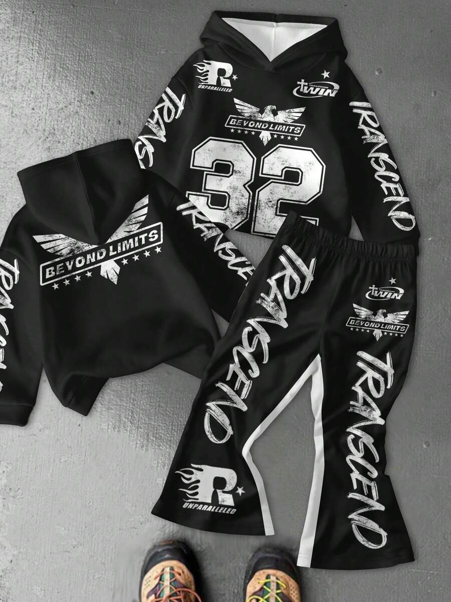 SHEIN Bộ 2 món/Bộ quần áo hoodie dày dặn thoải mái, rộng rãi cho bé trai, phù hợp cho mùa thu/đông, họa tiết chữ và số 32 thời trang đường phố cổ điển, phong cách - Nhiều màu - Xem 1