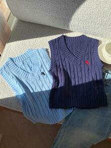 Comfortcana 女士休闲多色百搭刺绣针织背心，蓝色拼接毛衣背心，适合秋冬季穿着 - 彩色 - 查看 6