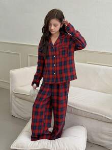 DAZY Tween Girl Plaid Lapel NeckSingle-Breasted Top And Pants Pajama Set