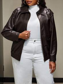 Truni 大码女式PU皮夹克外套，秋冬拉链口袋细节夹克，Y2K风格皮夹克，大码女式Y2K风格巧克力棕色皮夹克，适合梨形三角身材 - 棕色 - 查看 4