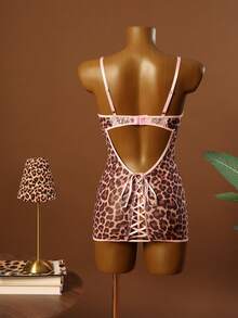 Sexy 2-teiliges Set: Süß, wild, modischer Kontrast-Farben-Tierdruck-Spitzen-Patchwork-Trägerkleid + String-Dessous - Verschiedenfarbig - Übersicht 7