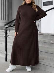 SHEIN CURVE+ Váy len dệt kim dáng chữ A dài tay cổ lọ gân cỡ lớn dành cho nữ, mùa thu/đông - màu nâu - Xem 10