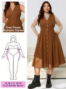 Solflare 大码V领无袖褶皱灯芯绒连衣裙，秋冬款 - 棕色 - 查看 1