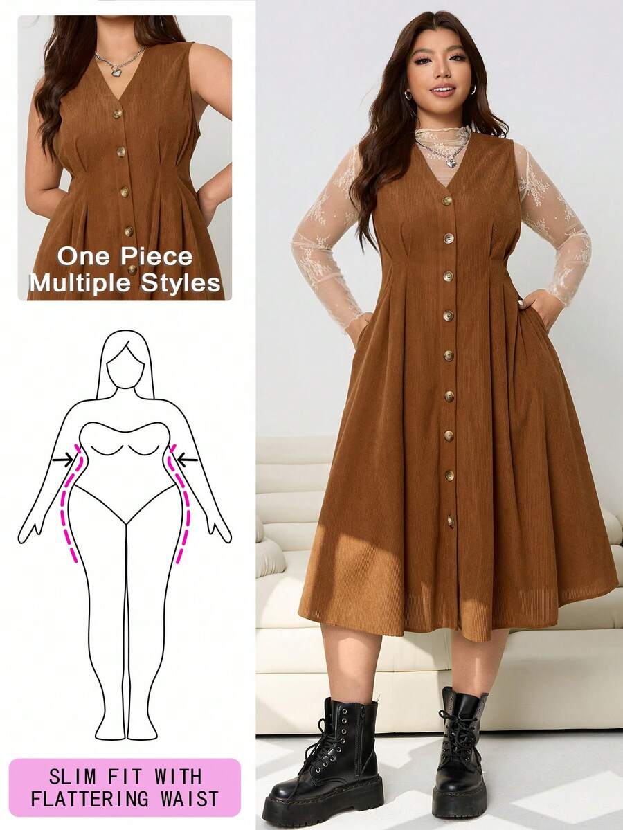 Solflare 大码V领无袖褶皱灯芯绒连衣裙，秋冬款 - 棕色 - 查看 1