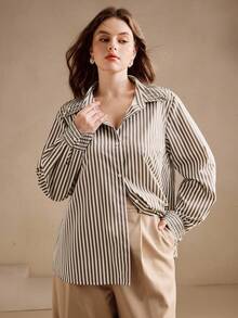 Anewsta 大码女式条纹衬衫，饰有手工水钻，通勤和日常穿着皆宜。 - 咖啡棕 - 查看 3