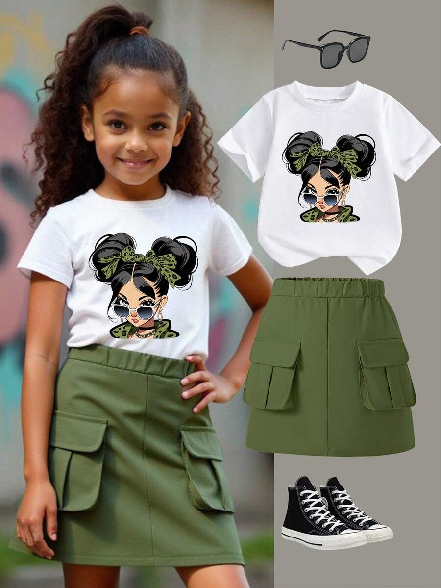 年轻女孩休闲简约图案短袖圆领T恤和配套短裙套装，夏季 - 彩色 - 查看 1