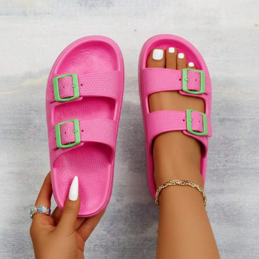 Sandalias para hombre ajuste doble hebilla punta abierta sin cordones suela antideslizante estilo casual ocasión playa verano descanso - Rosa Fucsia - Ver 1