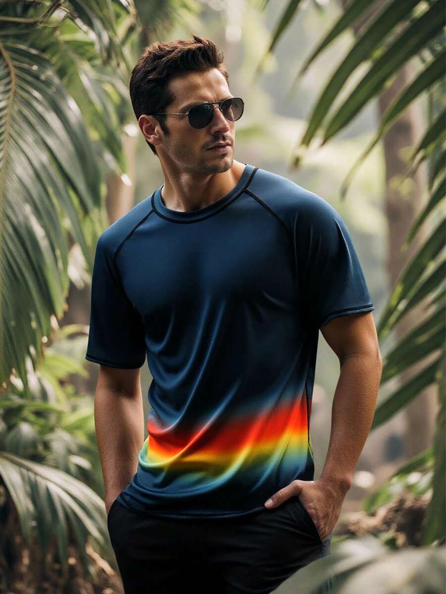 Manfinity Swimmode Summer Men's Ombre Round Neck Short Sleeve Rash Guard Men Summer Tshirts Men Tees Pride Shirt Men Gay Clothes Rainbow Shirt Men - Dusty Blue - View 1