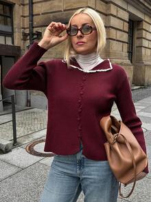 Vivie Lora Women's Loose Fit Collared Color Block Ruffle Trim Casual Cardigan Sweater - Burgundy - View 4