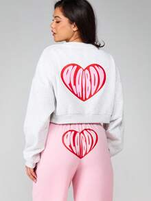 Missguided x Playboy Women Heart Graphic Crop Sweatshirt Valentine Long Sleeve Love Print Pullover Casual Top - Light Grey - View 2