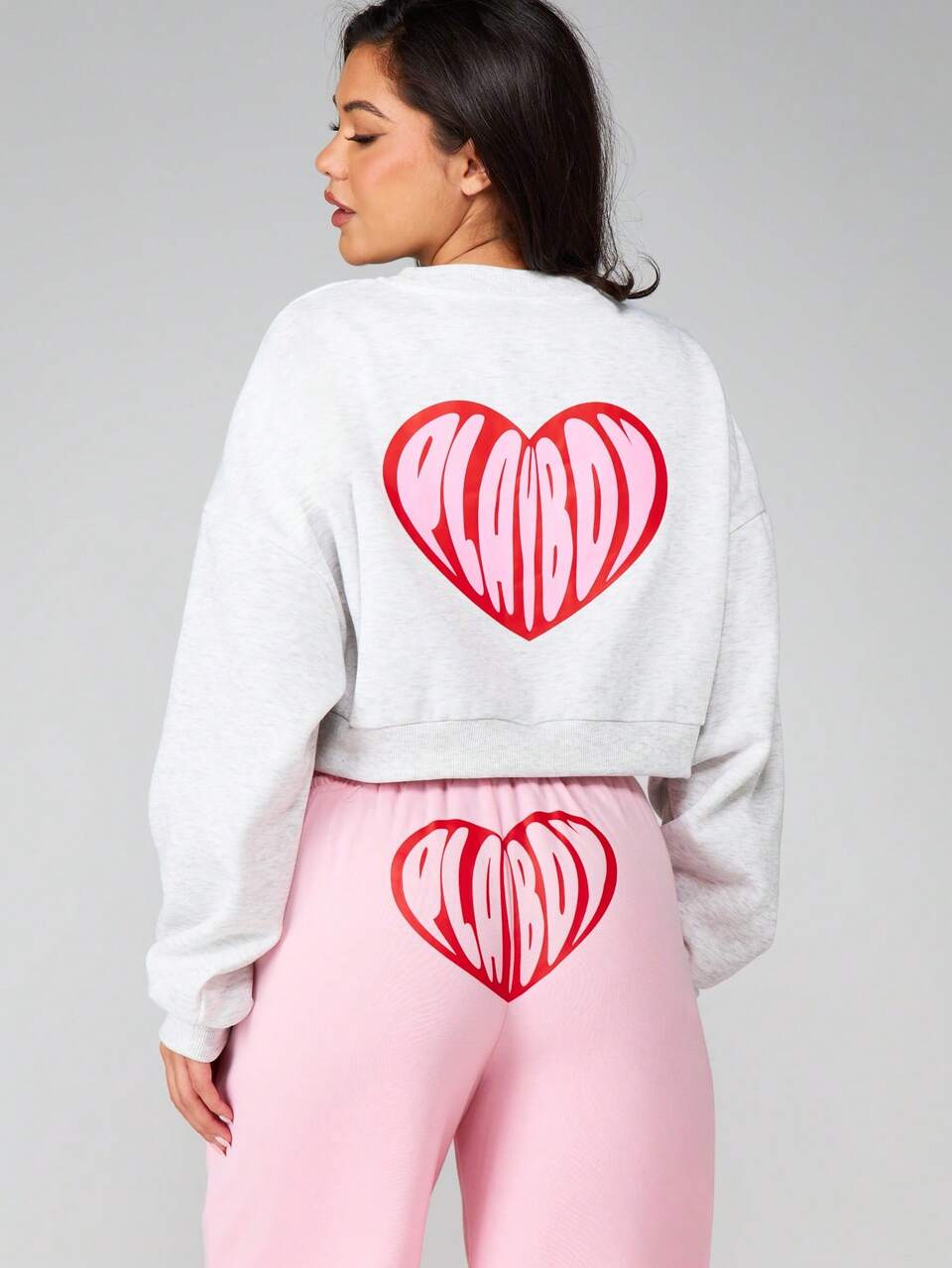Missguided x Playboy Women Heart Graphic Crop Sweatshirt Valentine Long Sleeve Love Print Pullover Casual Top
