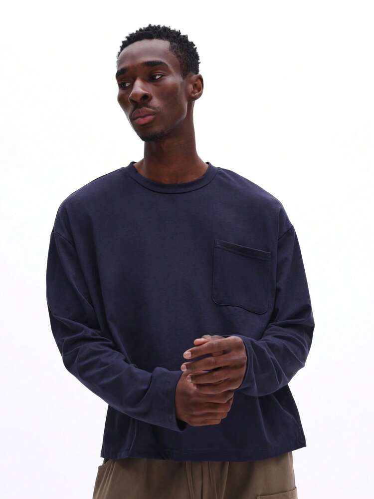 SUMWON Long Sleeve Crew Neck Pocket T-Shirt Regular Fit Cotton Blend Casual Top Solid Essential Everyday Wear Men's Plain