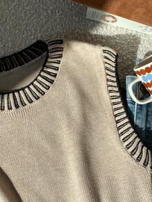 Comfortcana 女士休闲日常通勤校园风撞色滚边宽松针织背心，秋冬款 - 杏色 - 查看 7