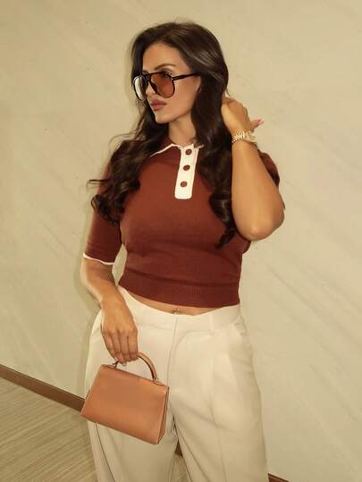 MDEdit Women's Contrast Color Collar Short Sleeve Casual Sweater,Fall,Brown Sweater