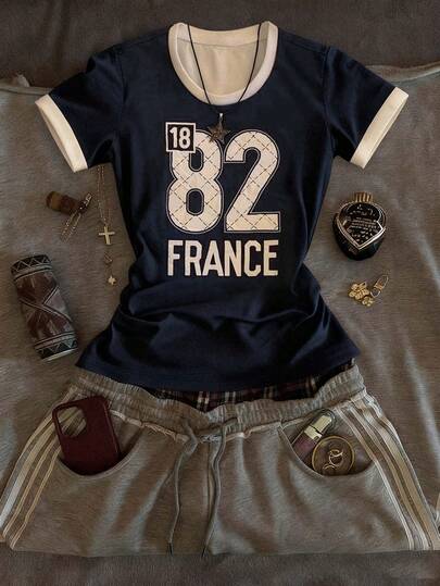 Glimmora Y2K复古数字彩色图案休闲圆领街头风女式上衣，适合日常街头穿着