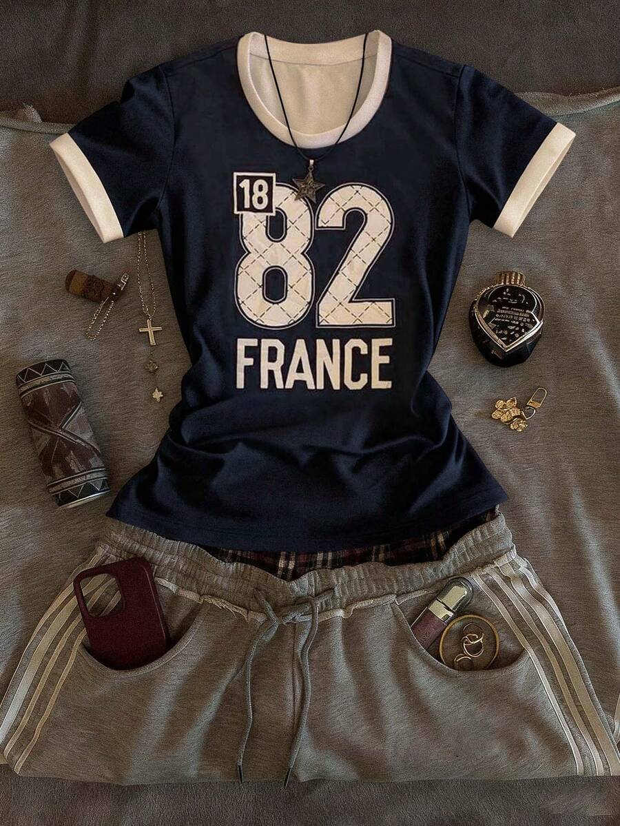 Glimmora Y2K复古数字彩色图案休闲圆领街头风女式上衣，适合日常街头穿着 - 彩色 - 查看 1