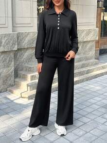 SHEIN Ensemble de pantalon ample et doux et Top à manches longues pour femmes enceintes - Noir - Voir 6