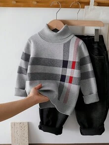 SHEIN Playful Pals 男童休闲条纹提花高领毛衣，柔软舒适，适合户外活动、度假、日常穿着、上学、托儿所、玩耍以及秋冬季穿着。 - 淺灰色 - 查看 7