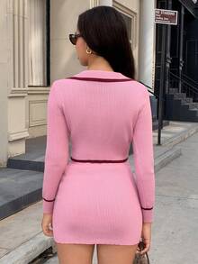 Almamuse Women's Contrast Color Collar Long Sleeve Cropped Sweater & Ribbed Bodycon Mini Skirt Set,Pink Autumn Smart Casual School Back-To-School Two Piece Set - Pink - View 2
