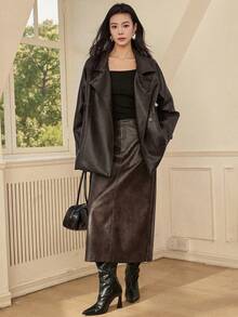 Dazy-Less Áo khoác nữ cổ ve lật dáng vintage, áo khoác da mùa thu, áo khoác công sở thường ngày. - màu nâu - Xem 9