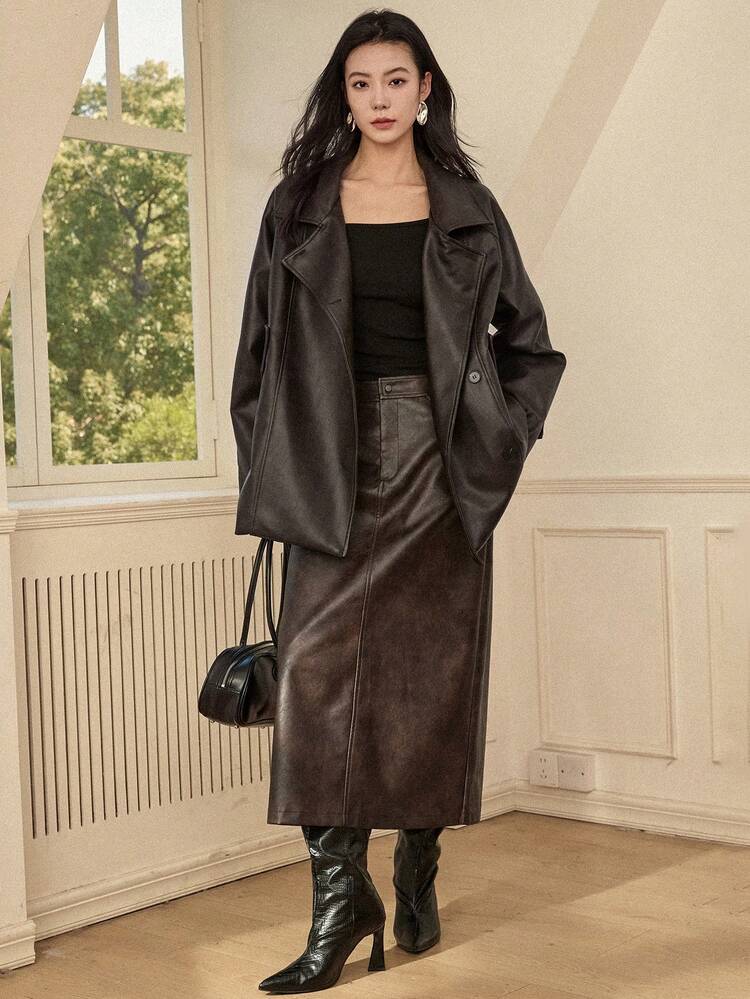 Women's Vintage Casual Lapel Neck Single-Breasted Jacket, Autumn Leather Jacket Women Coats Business Casual Woman