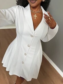 Truni Itsmisslys Plus Size Women's Solid Color Shawl Collar Long Sleeve Single-Breasted Pleated Design Elegant Dress, For Pear Triangle Body Shape - White - View 7