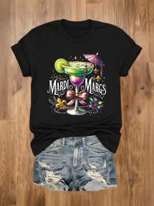 EMERY ROSE Áo thun tay ngắn cổ tròn in chữ và ly rượu vang cỡ lớn màu đen - màu đen - Xem 1