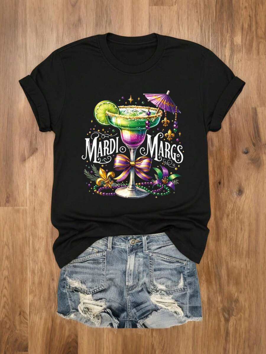 EMERY ROSE Áo thun tay ngắn cổ tròn in chữ và ly rượu vang cỡ lớn màu đen - màu đen - Xem 1