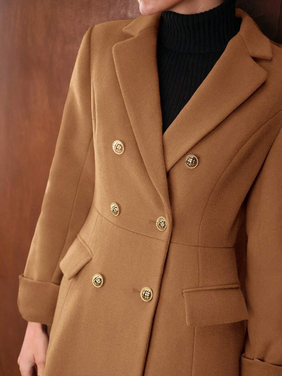 MOTF PREMIUM WOMEN'S ELEGANT WOOL DOUBLE BREASTED OVERCOAT, AUTUMN/WINTER - Khaki - View 2