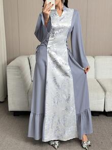 Al Najma Váy buộc chéo cổ khoét sâu thanh lịch bằng vải jacquard dành cho nữ, mùa thu - Màu xanh lam - Xem 4