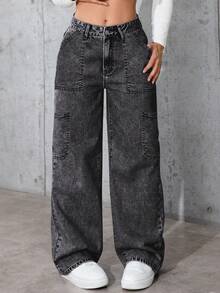 IDYLLIC Pantalones vaqueros cargo anchos para mujer de color gris, estilo casual y práctico, ideal para looks urbanos - Gris Oscuro - Ver 1