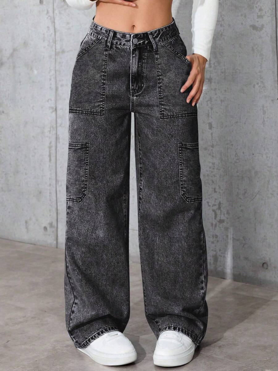 IDYLLIC Pantalones vaqueros cargo anchos para mujer de color gris, estilo casual y práctico, ideal para looks urbanos - Gris Oscuro - Ver 1