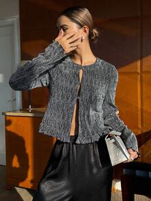 Livesso Élégante blouse avec bordure en dentelle noire brillante, convenant pour le Nouvel An, Noël, mariage, fête, occasions formelles. Cardigan chemise à lacets pour femmes, manches longues pour l'automne/hiver - Gris foncé - Voir 3