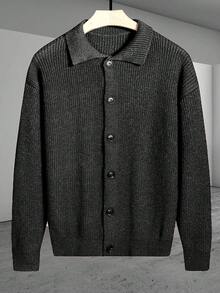 Claim Dot Cardigan casual de punto con botones de manga larga y hombros caídos de unicolor para hombre - Negro - Ver 4