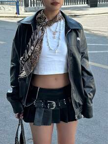 INAWLY 女士黑色时尚机车休闲宽松长袖皮夹克，秋冬外套 - 黑色 - 查看 6